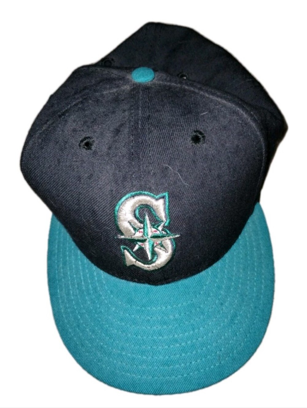 VTG Seattle Mariners S Logo Fitted Hat Size 7.5- Navy & Teal Made In The USA